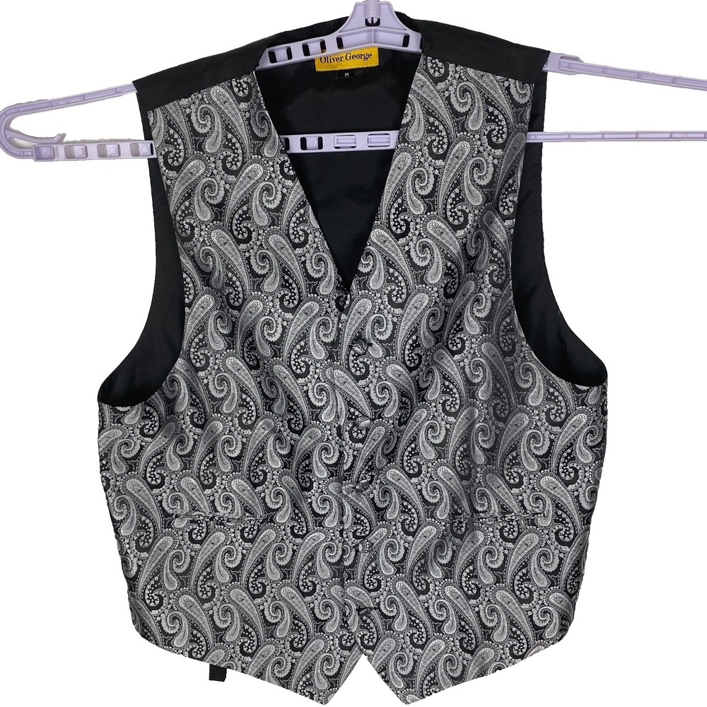 Oliver George Mens Black Paisley Print Victorian Tuxedo Suit Gothic Vest Size M‎